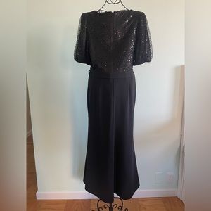 DKNY wrap style gown in black with shimmering details and belt